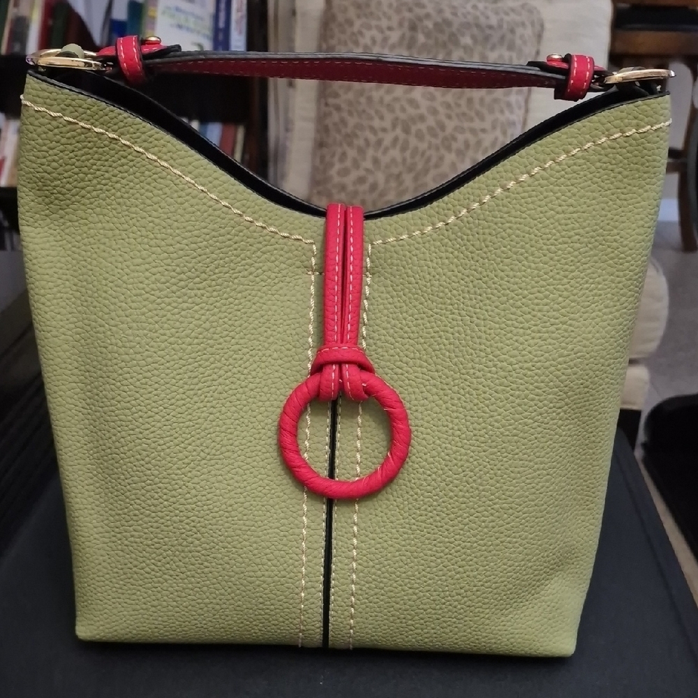 Green and Red Shoulder Bag with Textured Leather Finish